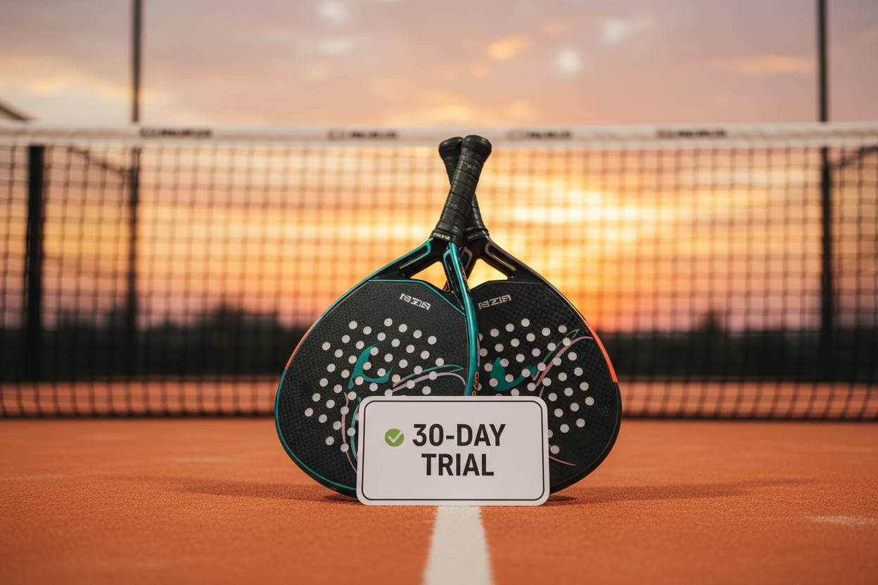 A low-angle shot of two padel rackets resting together at center of orange court with a “30-Day Trial” card in front of them, the net and sunset softly blurred behind — clean, warm, minimal.
